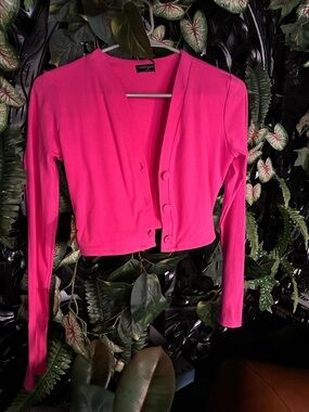Naked Wardrobe Hot Pink Ribbed Button Crop Cardigan-New Without Tags